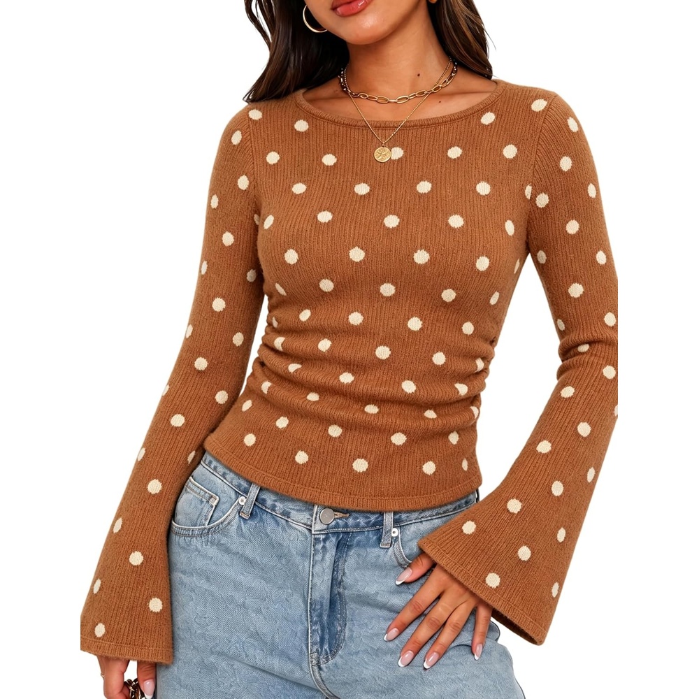 image:imageSpringrain Womens Polka Dot Knit Sweater Bell Sleeve Crew Neck PulloverBrown