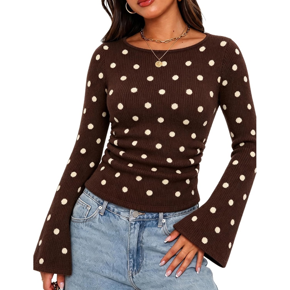 image:imageSpringrain Womens Polka Dot Knit Sweater Bell Sleeve Crew Neck PulloverCoffee