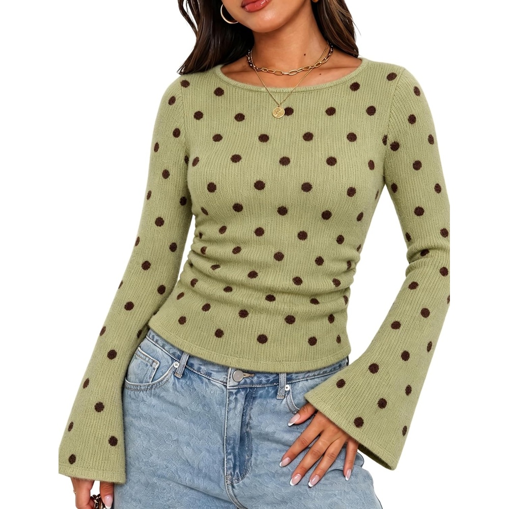 image:imageSpringrain Womens Polka Dot Knit Sweater Bell Sleeve Crew Neck PulloverGreen