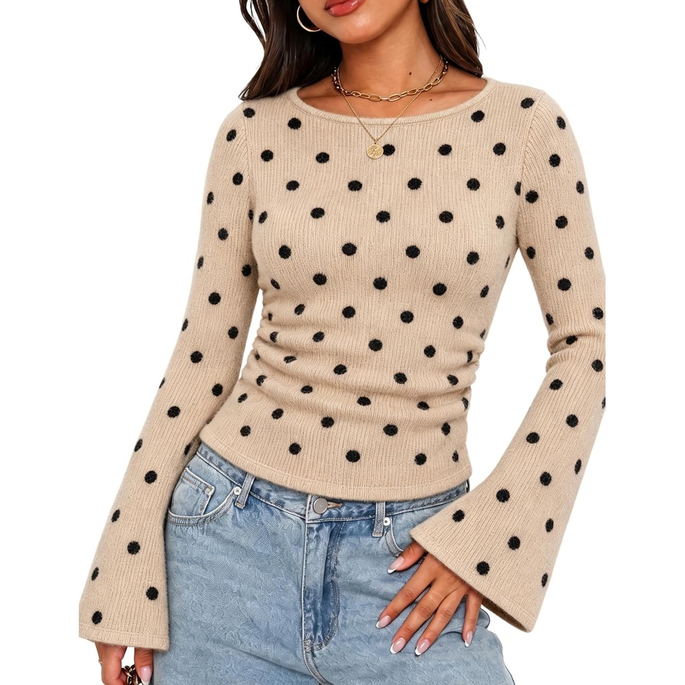 image:imageSpringrain Womens Polka Dot Knit Sweater Bell Sleeve Crew Neck PulloverKhaki