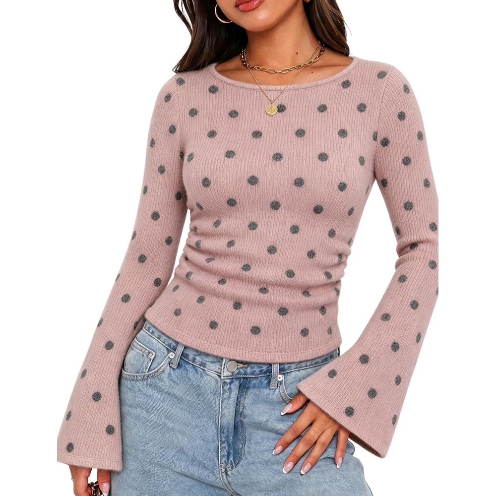 image:imageSpringrain Womens Polka Dot Knit Sweater Bell Sleeve Crew Neck PulloverPink