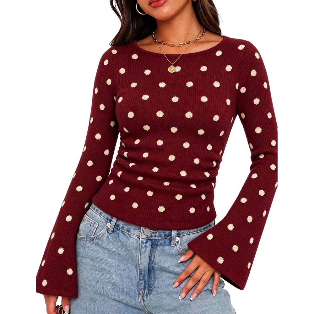 image:imageSpringrain Womens Polka Dot Knit Sweater Bell Sleeve Crew Neck PulloverWine