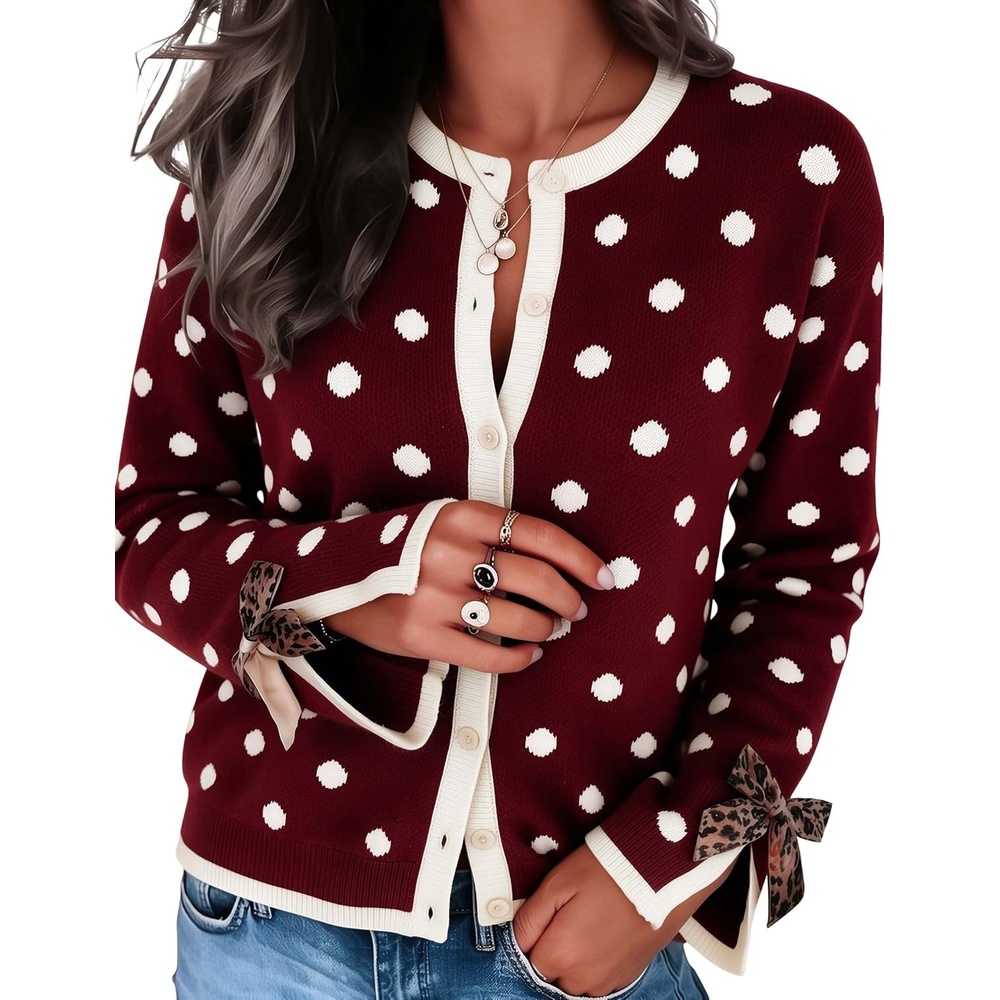 image:imageSpringrain Womens Polka Dot Leopard Print Bow Long Sleeve Knit CardiganRed