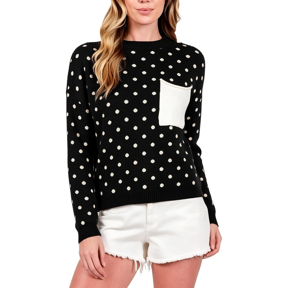 image:imageSpringrain Womens Polka Dot Lightweight Crewneck Knit Tops Fall SweaterBlack