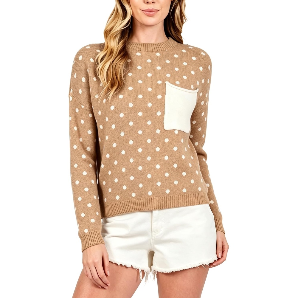 image:imageSpringrain Womens Polka Dot Lightweight Crewneck Knit Tops Fall SweaterKhaki