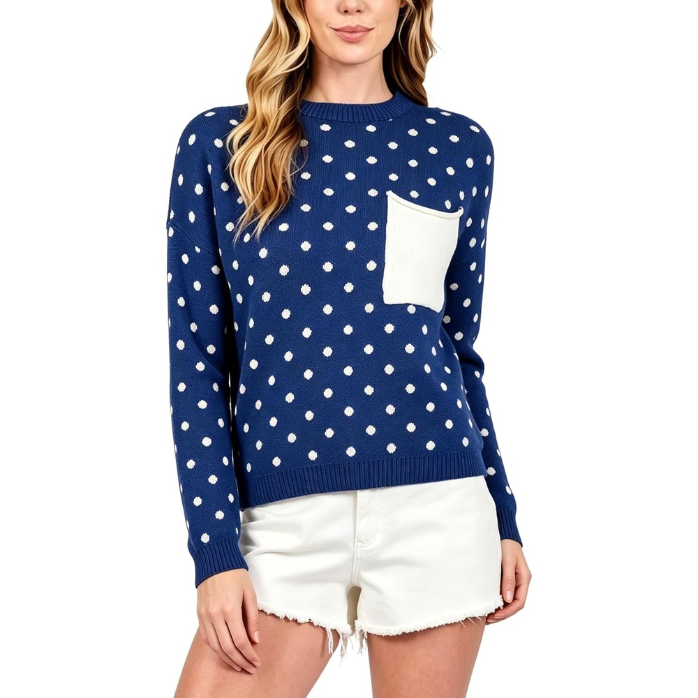 image:imageSpringrain Womens Polka Dot Lightweight Crewneck Knit Tops Fall SweaterNavy