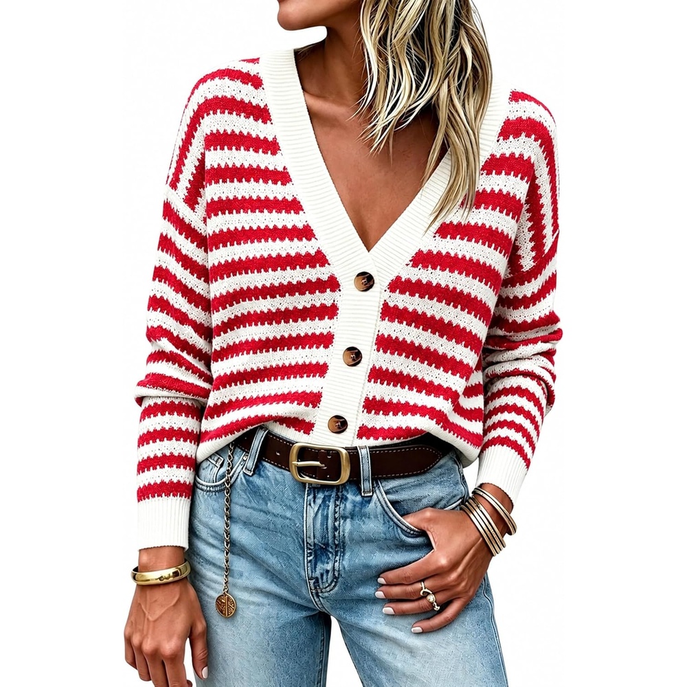 image:imageSpringrain Womens Striped Crochet Long Sleeve Knit CardiganRed