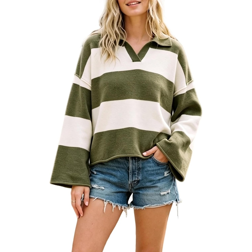 image:imageSpringrain Womens Striped Polo Collar Knit Sweater Color Block PulloverArmygreen