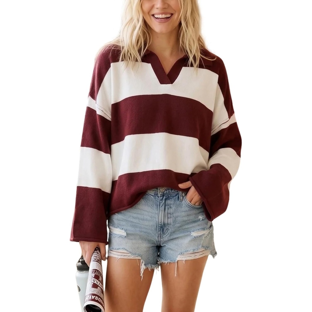 image:imageSpringrain Womens Striped Polo Collar Knit Sweater Color Block PulloverBurgundy