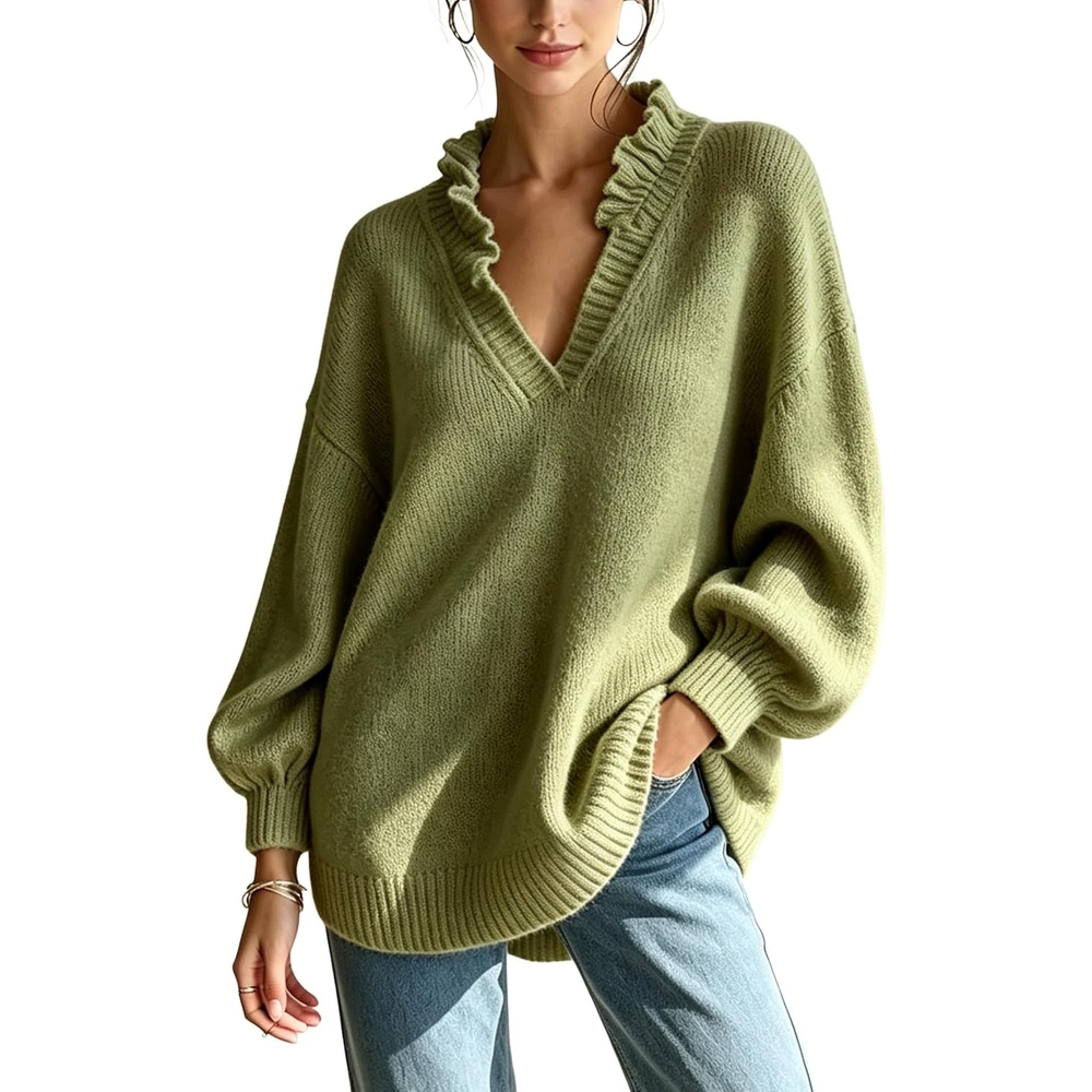 image:imageSpringrain Womens V Neck Ruffle Fall Knit Pullover SweaterGreen