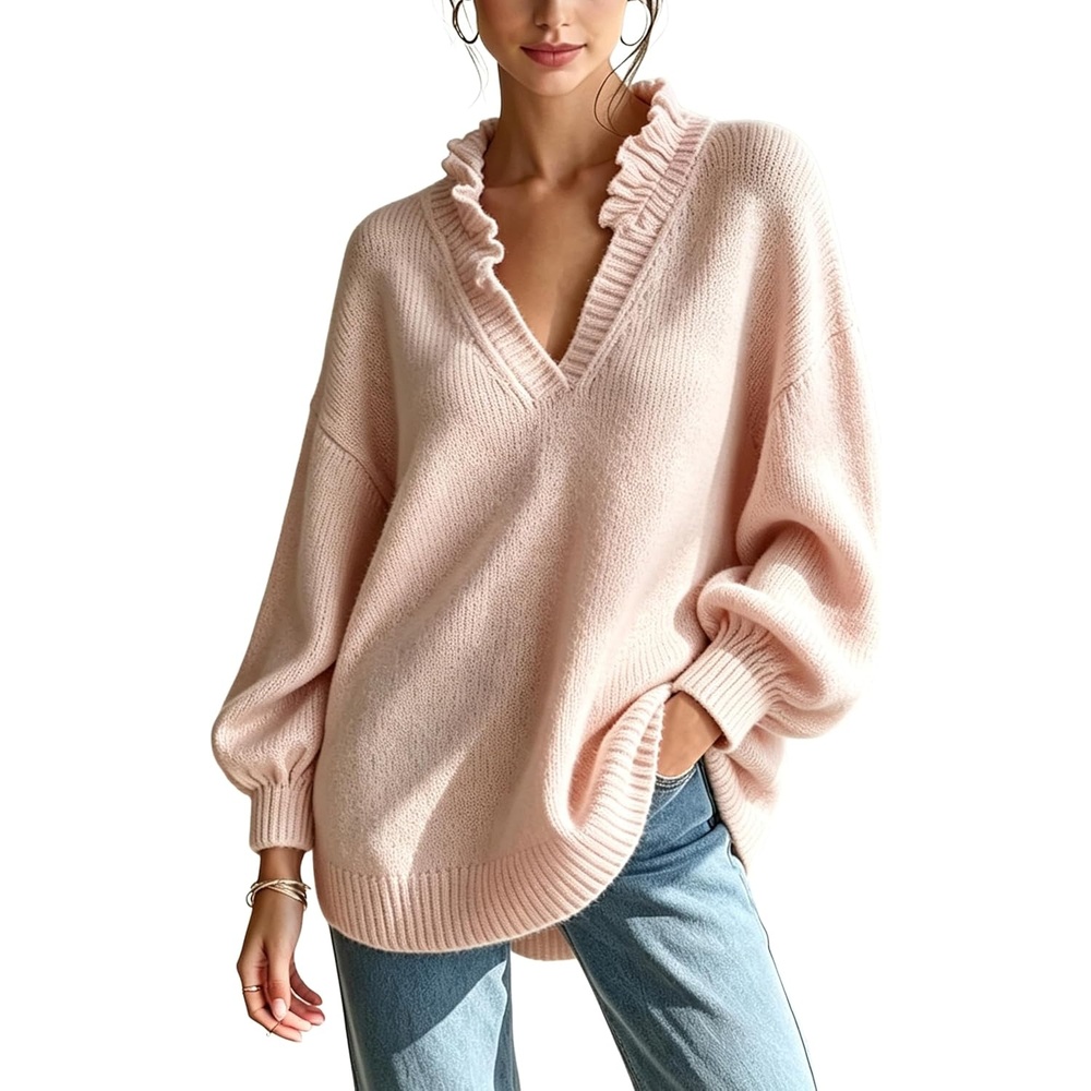 image:imageSpringrain Womens V Neck Ruffle Fall Knit Pullover SweaterPink
