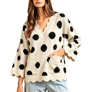 Springrain Sweaters for Women Polka Dot V Neck Fall Knit Pullover(Beige)
