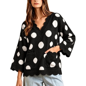Springrain Sweaters for Women Polka Dot V Neck Fall Knit Pullover(Black)