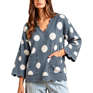 Springrain Sweaters for Women Polka Dot V Neck Fall Knit Pullover(Bluegrey)