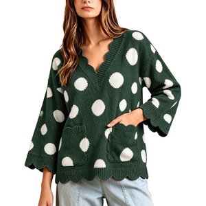Springrain Sweaters for Women Polka Dot V Neck Fall Knit Pullover(Green)
