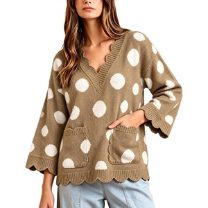 Springrain Sweaters for Women Polka Dot V Neck Fall Knit Pullover(Khaki)