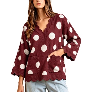 Springrain Sweaters for Women Polka Dot V Neck Fall Knit Pullover(Winered)