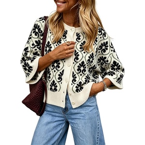 Springrain Women Floral Knit Cardigan Short Sleeve Button Front Sweater(Black)