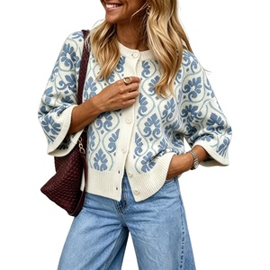 Springrain Women Floral Knit Cardigan Short Sleeve Button Front Sweater(Blue)