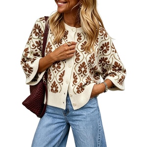 Springrain Women Floral Knit Cardigan Short Sleeve Button Front Sweater(Brown)