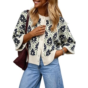 Springrain Women Floral Knit Cardigan Short Sleeve Button Front Sweater(Navy)
