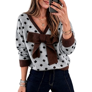 Springrain Women’s Bow Polka Dot Sweaters Pullover Knit Tops Fall Clothes(Grey)