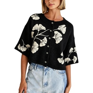 Springrain Women’s Floral Knit Cardigan 3/4 Sleeve Button Crew Neck Sweater(Black)