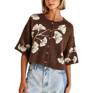 Springrain Women’s Floral Knit Cardigan 3/4 Sleeve Button Crew Neck Sweater(Brown)