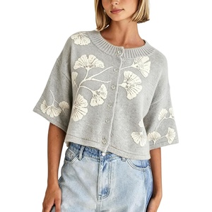 Springrain Women’s Floral Knit Cardigan 3/4 Sleeve Button Crew Neck Sweater(Grey)