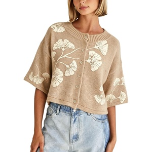 Springrain Women’s Floral Knit Cardigan 3/4 Sleeve Button Crew Neck Sweater(Khaki)