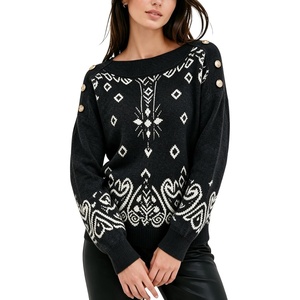 Springrain Women’s Geometric Jacquard Boat Neck Long Sleeve Knit Sweater(Black)