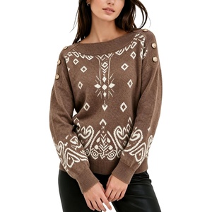 Springrain Women’s Geometric Jacquard Boat Neck Long Sleeve Knit Sweater(Coffee)