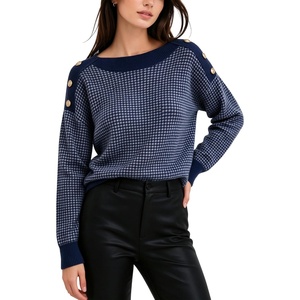 Springrain Women’s Knit Sweaters Boat Neck Tiny Check Pullover Fall Top(Navy)