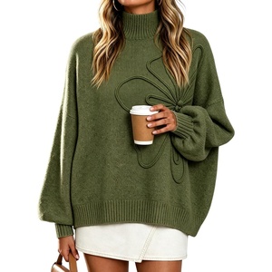 Springrain Womens Oversized Mock Neck Sweater 3D Flower Knit Pullover Top(Armygreen)