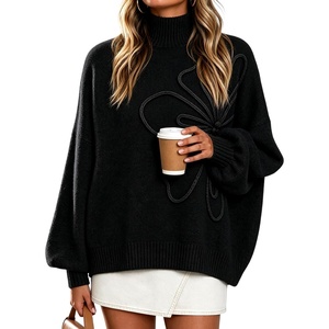 Springrain Womens Oversized Mock Neck Sweater 3D Flower Knit Pullover Top(Black)