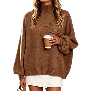 Springrain Womens Oversized Mock Neck Sweater 3D Flower Knit Pullover Top(Brown)