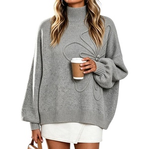 Springrain Womens Oversized Mock Neck Sweater 3D Flower Knit Pullover Top(Grey)
