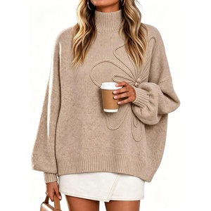 Springrain Womens Oversized Mock Neck Sweater 3D Flower Knit Pullover Top(Khaki)