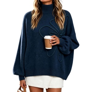 Springrain Womens Oversized Mock Neck Sweater 3D Flower Knit Pullover Top(Navy)