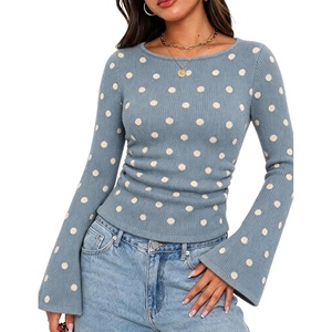 Springrain Women’s Polka Dot Knit Sweater Bell Sleeve Crew Neck Pullover(Blue)