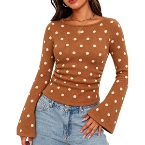 Springrain Women’s Polka Dot Knit Sweater Bell Sleeve Crew Neck Pullover(Brown)