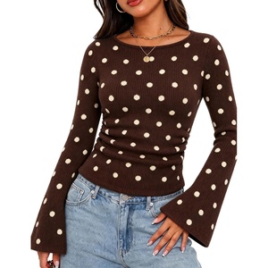 Springrain Women’s Polka Dot Knit Sweater Bell Sleeve Crew Neck Pullover(Coffee)