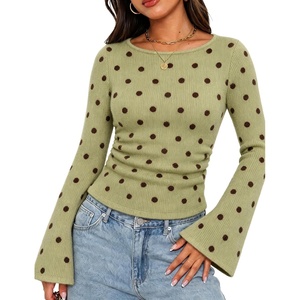 Springrain Women’s Polka Dot Knit Sweater Bell Sleeve Crew Neck Pullover(Green)