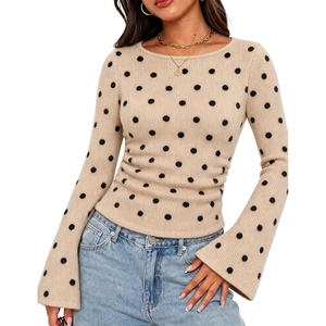 Springrain Women’s Polka Dot Knit Sweater Bell Sleeve Crew Neck Pullover(Khaki)