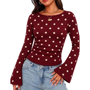 Springrain Women’s Polka Dot Knit Sweater Bell Sleeve Crew Neck Pullover(Wine)