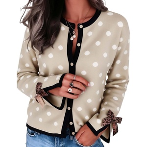 Springrain Women’s Polka Dot Leopard Print Bow Long Sleeve Knit Cardigan(Khaki)
