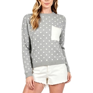 Springrain Women’s Polka Dot Lightweight Crewneck Knit Tops Fall Sweater(Grey)