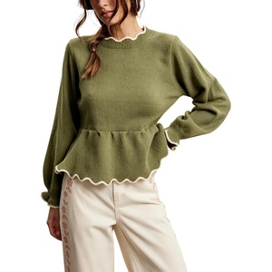 Springrain Women’s Scalloped Peplum Long Sleeve Knit Sweater(Armygreen)