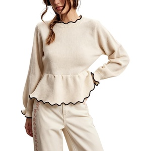Springrain Women’s Scalloped Peplum Long Sleeve Knit Sweater(Beige)