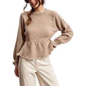 Springrain Women’s Scalloped Peplum Long Sleeve Knit Sweater(Khaki)